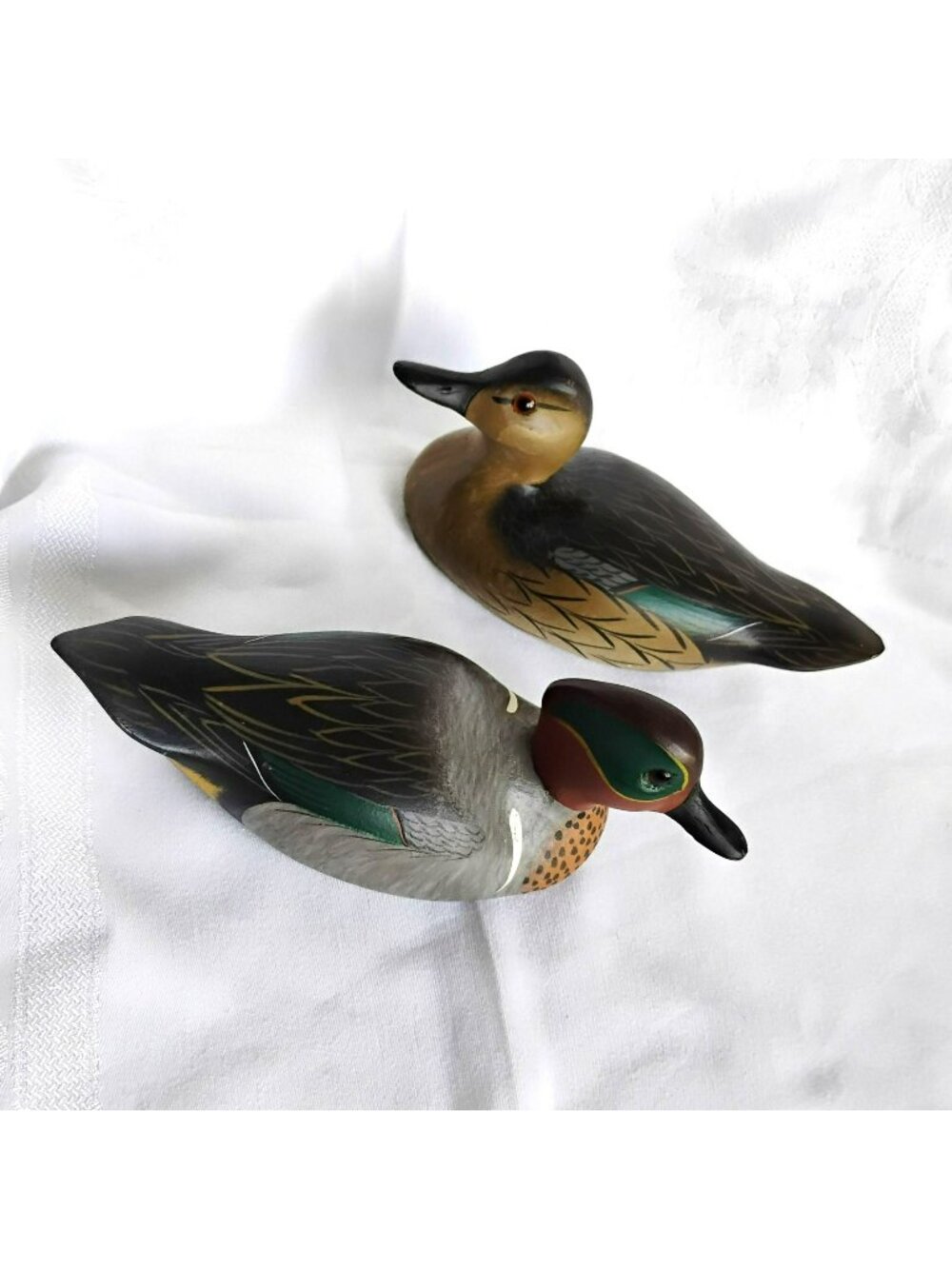 Vintage 1996 A.J. Birdsall Hand Carved Wood Green Winged Teal Duck Decoy Pair